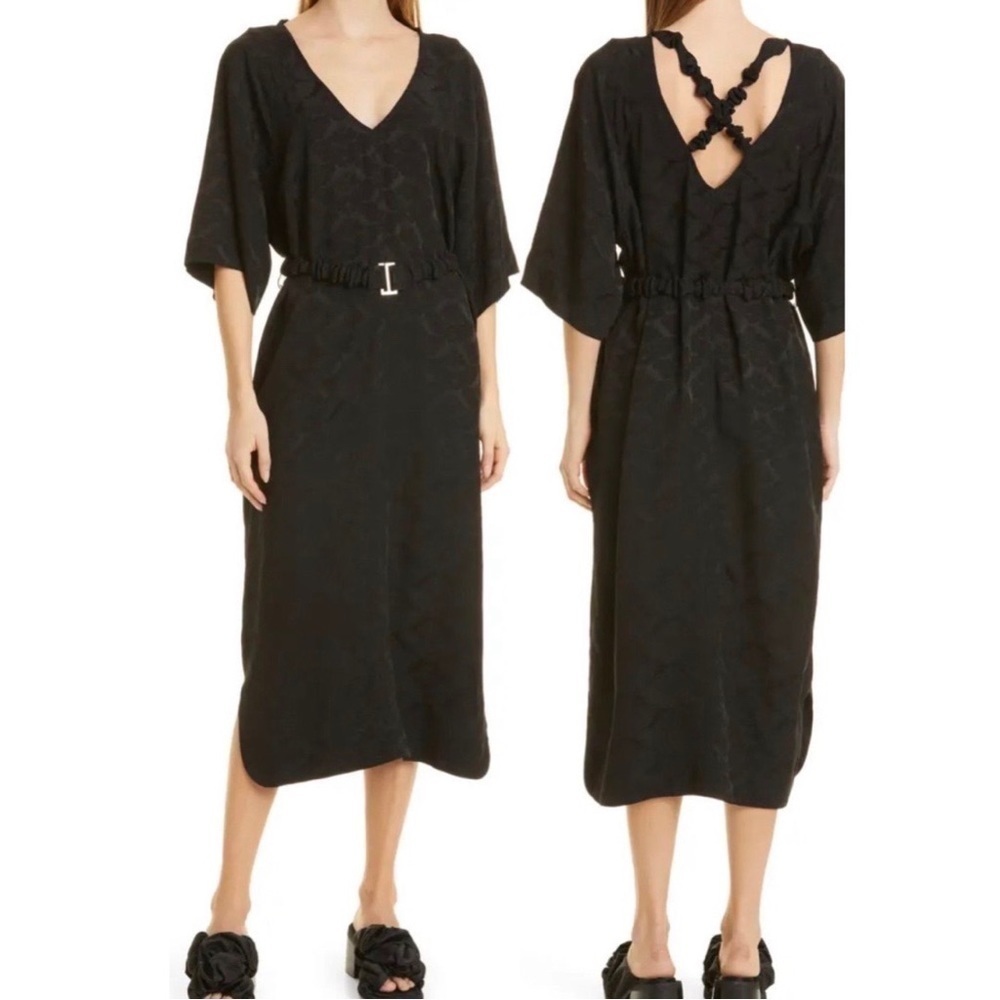 NWT GANNI Jacquard Criss Cross Midi V-Neck Dress Black Small